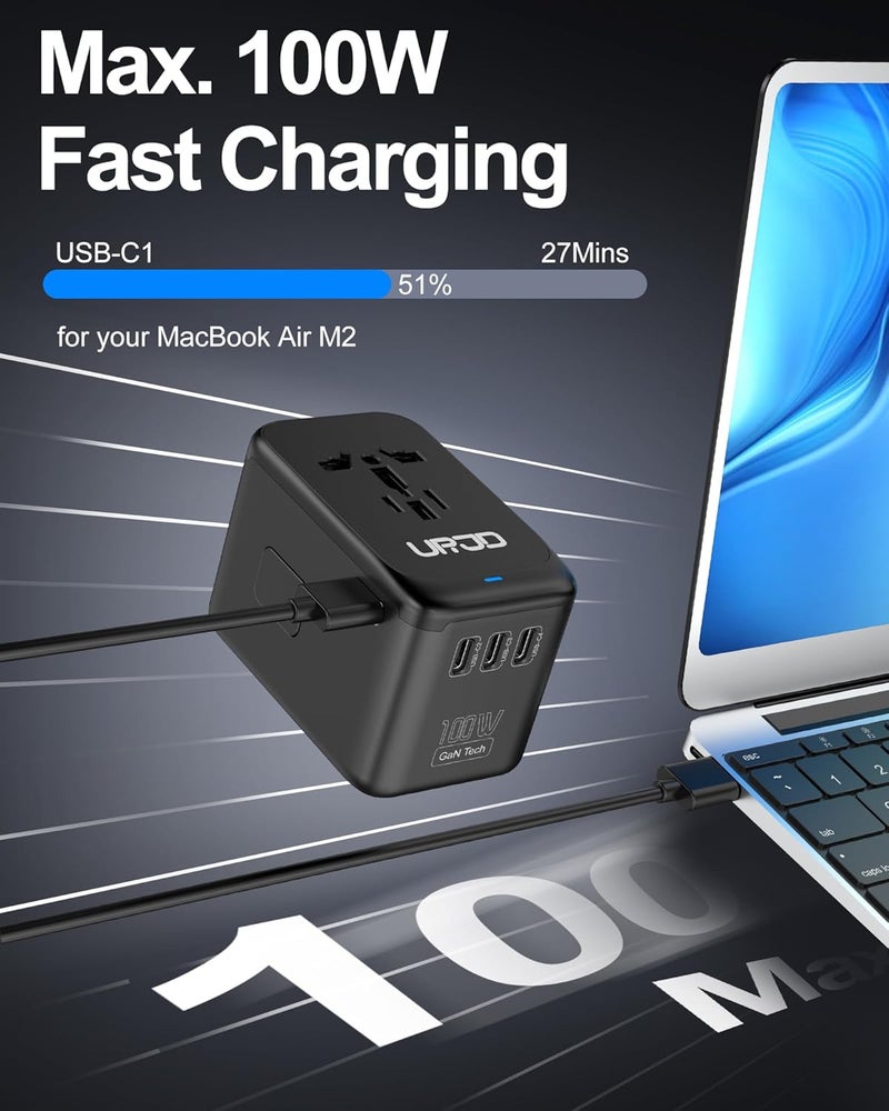 URJD Universal Travel Adapter 100W GaN Fast Charger in One, 4 USB C 1 USB A Ports & 2500W AC Outlet, International Power Plug Adapter with EU UK US AUS Plugs for 200+ Countries - Image 2